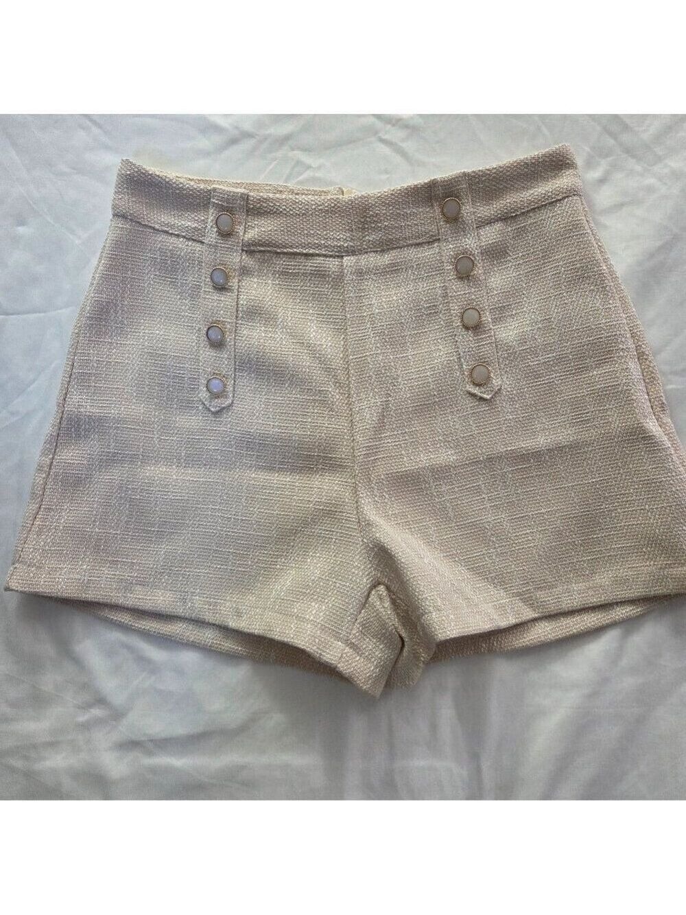 Tweed Sailor High Waisted Shorts Cream Pearl Button Small
